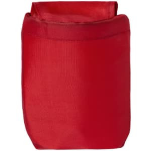A red foldable backpack with a simple design and a logo on the front.