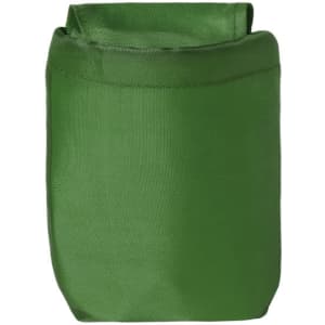 A compact green foldable backpack with a simple design, featuring a top opening and an internal pocket.