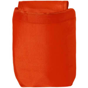 An orange foldable backpack is displayed, featuring a simplistic design and a branded logo.