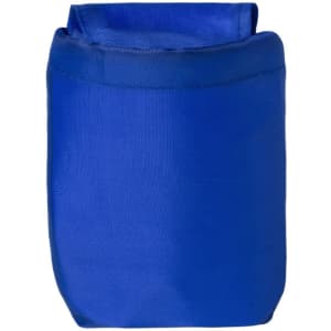 A blue foldable backpack with a simple design, featuring a pocket and a logo.