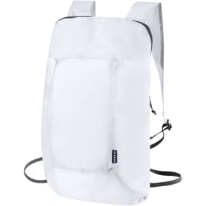 A foldable backpack in white with adjustable straps and a logo. Features a sleek, minimalist design.