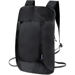 A foldable backpack in black with adjustable straps and a logo. Ideal for compact storage and travel.