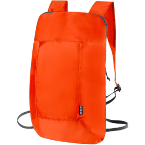 An orange foldable backpack with adjustable straps and a logo. The design is sleek and lightweight.