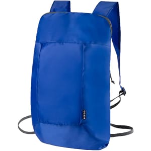 A blue foldable backpack with two shoulder straps and a minimalist design. The backpack features a logo.