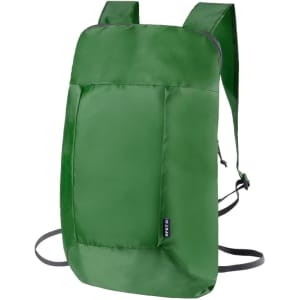 A green foldable backpack with adjustable straps and a sleek design. It features a logo on the front.