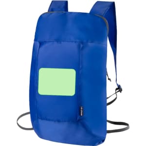 A blue foldable backpack with adjustable straps and a front panel, featuring a logo.