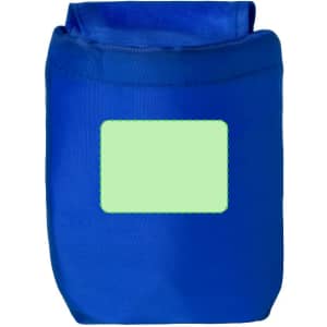 A blue foldable backpack featuring a blank patch for custom branding. The backpack is compact and portable.