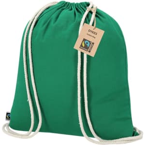 A green drawstring bag with cream-coloured cords and a tag, featuring a logo.