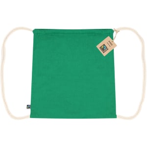 A green drawstring bag featuring a natural rope closure and a tag. It has a logo.