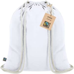 A drawstring bag in light grey fabric with a natural rope closure and a tag. It has a branding logo.