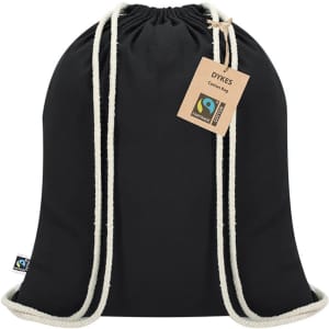 A black drawstring bag made of cotton with cream-coloured cords and a tag. It features a logo.