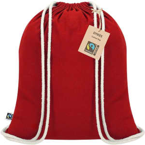 A red drawstring bag featuring white cords and a logo, made from cotton with a tag attached.