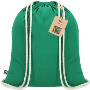 A green drawstring bag made of cotton with cream-coloured cords and a tag, featuring a logo.