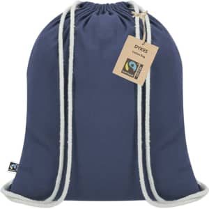 A navy drawstring bag with white cord handles, featuring a tag and a logo.