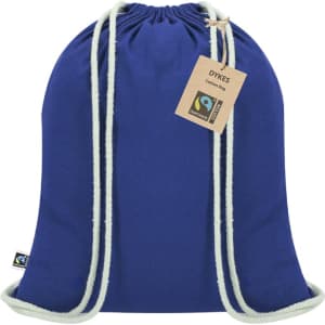 A blue drawstring bag with white accents and a branded tag attached. Features a cotton material and a simple design.