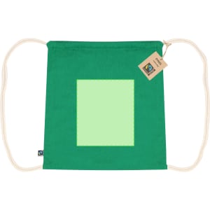 A green drawstring bag with a plain square area in the centre, featuring a logo and a tag.