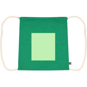 A green drawstring bag with a blank rectangular area and a logo tag at the bottom.