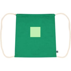 A green drawstring bag with a light green square and natural-coloured ropes. It features a branding logo.