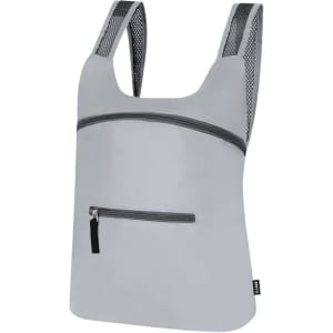 A grey foldable backpack with mesh straps and a zipped front pocket. It features a logo on the side.