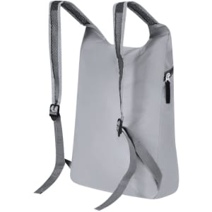 A grey foldable backpack featuring adjustable straps and a sleek design. It has a logo on the front.