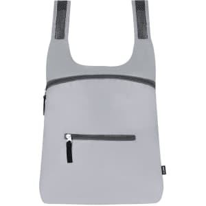 A grey foldable backpack with a zippered front pocket and mesh straps, featuring branding.