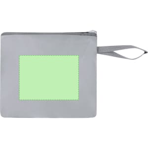 A grey foldable backpack with a handle and a blank green area for custom branding.