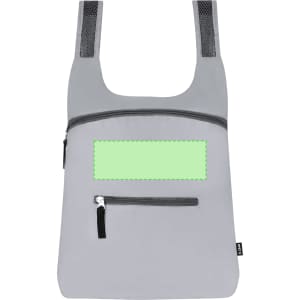 A grey foldable backpack with mesh straps and two zippered pockets. Features a blank area for branding or customisation.