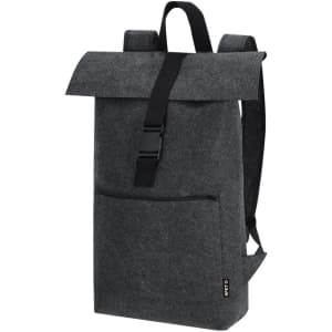 A grey felt backpack with a roll-top design, featuring adjustable straps and a front zip pocket.