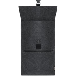 A grey felt backpack featuring a secure closure and front pocket. It has a logo on the side.