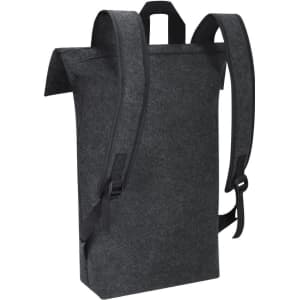 A grey felt backpack with adjustable straps and a top handle, featuring a simple, streamlined design.