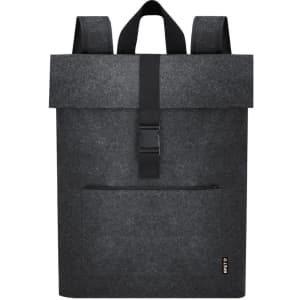 A grey felt backpack with adjustable straps and a front zip pocket, featuring a logo on the front.