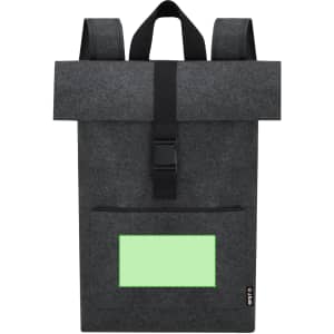 A grey backpack with a roll-top design and a front pocket featuring a green panel. It has a logo on the side.
