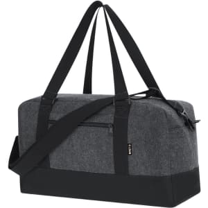 A grey duffle bag with black straps and a zippered pocket, featuring a logo on the side.