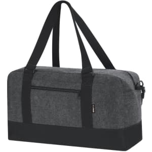 A grey and black duffel bag with sturdy straps and a zippered pocket. It features a logo on the side.