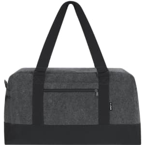 A grey duffel bag featuring black straps and a front zip pocket, with a branding logo.