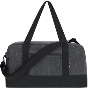 A grey bag with black straps featuring a front pocket and adjustable shoulder strap. It has a logo on the side.