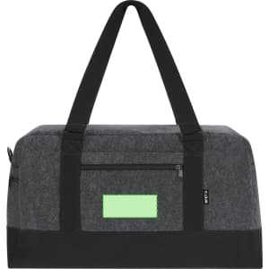 A grey bag with black straps and a front zip pocket. It features a branding logo.