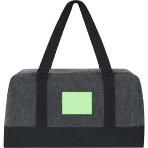 A grey duffel bag with smooth black straps and a square patch in light green. The bag has a simple design and a logo.