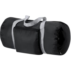 A black foldable bag with grey handles and a small front pocket. It has a logo on the side.
