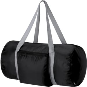 A black foldable bag with grey straps and a front pocket, featuring a logo.