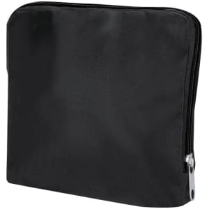 A black foldable bag with a zippered closure and a simple design. It features a branding logo.