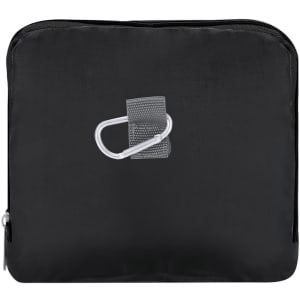 A foldable black bag featuring a silver carabiner clip and a zippered closure. Logo visible on the front.