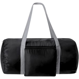 A black foldable bag with grey straps and a small front pocket. It features a logo on the surface.