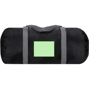 A black foldable bag with grey straps, featuring a blank green area for branding or design.