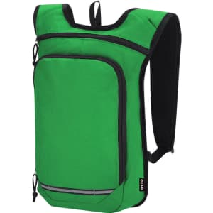 A green backpack with a large front pocket, black accents, and padded shoulder straps. It features a logo on the side.