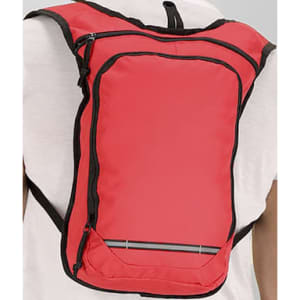 A red backpack with black accents, featuring a zippered compartment and padded shoulder straps.