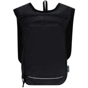 A black backpack with a sleek design, featuring mesh side panels and a logo. No text or badges visible.