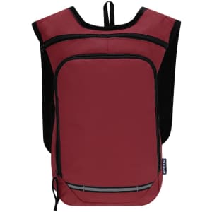 A maroon Rinix Backpack featuring a front zip pocket and a black mesh back. It has a logo on the side.