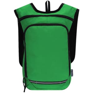 A bright green backpack with a front pocket and a black trim, featuring a logo on one side.