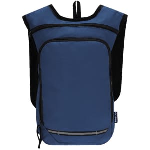A blue backpack with a front pocket and a logo, featuring a sleek design and padded straps.